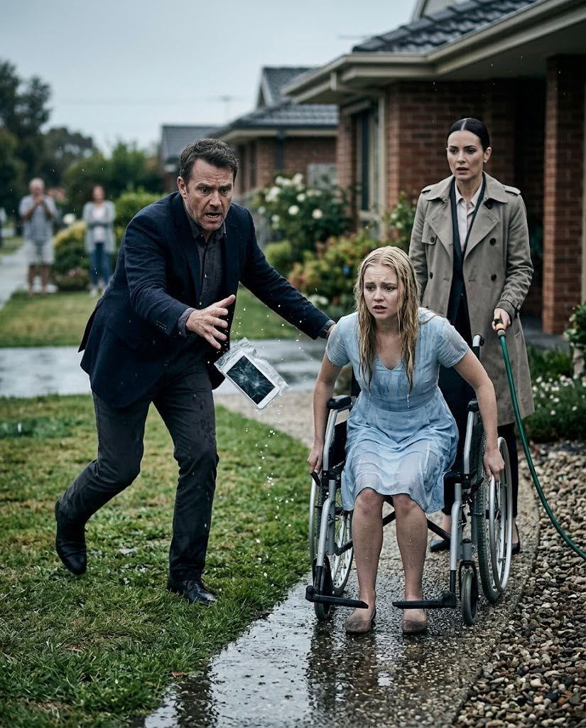 My fiancée blasted my disabled daughter with a garden hose until Lily fell from her wheelchair onto the soaked lawn, then screamed that the child had stolen all our money to run away with a lover. I wanted to believe Vanessa was panicking over something she misunderstood—until I saw black tape peeling from beneath Lily’s wheelchair cushion and a waterproof pouch dropped into the grass. Inside was a cracked phone wrapped in my late wife’s old blue scarf. Vanessa went white the moment I picked it up, and I realized she was not trying to expose Lily’s secret. She was trying to destroy the one piece of evidence that could expose hers.
