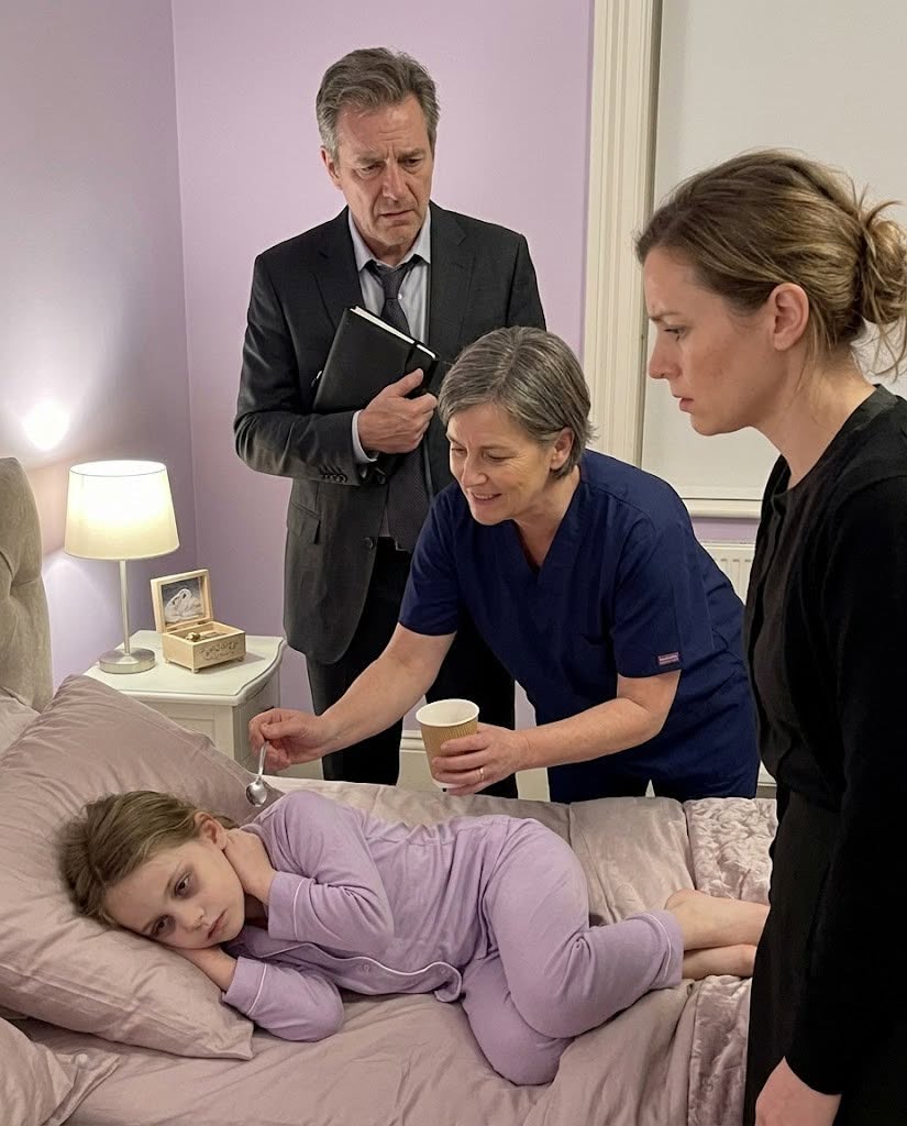 My two-year-old daughter broke away from her private nurse, ran into my arms sobbing, and whispered, “Daddy… she hurt me.” I thought Elise had only been too rough while fixing Luna’s hair—until my little girl pointed beneath her bed and said, “She put it there.” When I lifted the bedcover, I found a thick black liquid spreading across the floor, and Elise went completely pale. I had hired her because everyone told me Luna was getting sicker, but by the end of that night I would learn that the nurse had been helping someone manufacture my daughter’s illness so they could trigger a clause in the Wakefield family trust worth hundreds of millions of dollars.