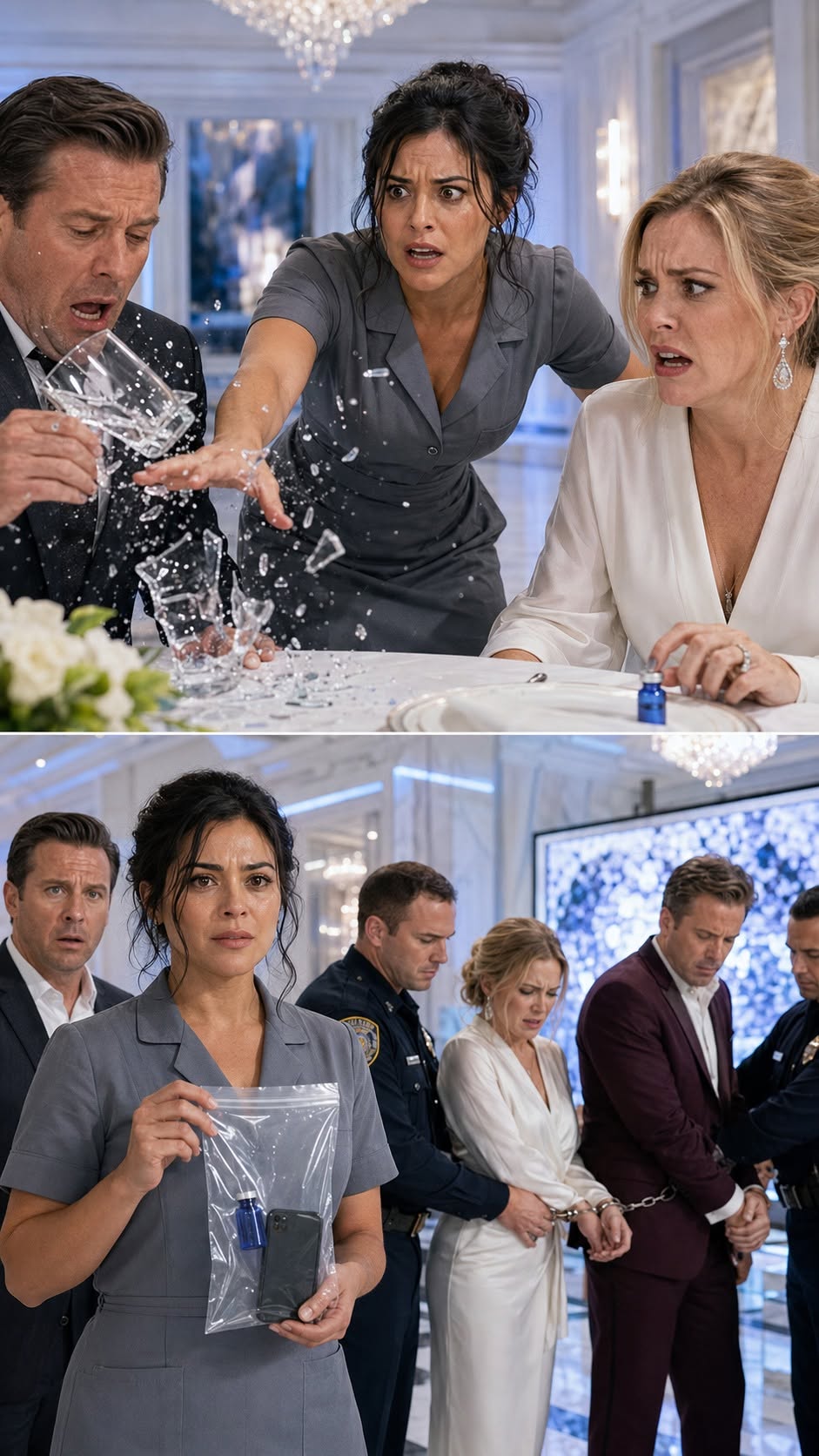 My nine-year-old son knocked a crystal glass out of a billionaire’s hand and screamed, “Don’t drink it!” in front of an entire ballroom full of guests. I thought Lucas had just destroyed my job as a housekeeper—until he showed me the cracked phone he had hidden against his chest and whispered that he had filmed Adrian’s fiancée pouring something from a blue vial into the water carafe. Serena tried to grab the phone, her brother threatened my son, and everyone expected me to panic like an ordinary maid. They did not know I had once worked in forensic toxicology, or that I had already noticed Adrian Vale’s “mysterious illness” followed a pattern no natural disease should have produced.