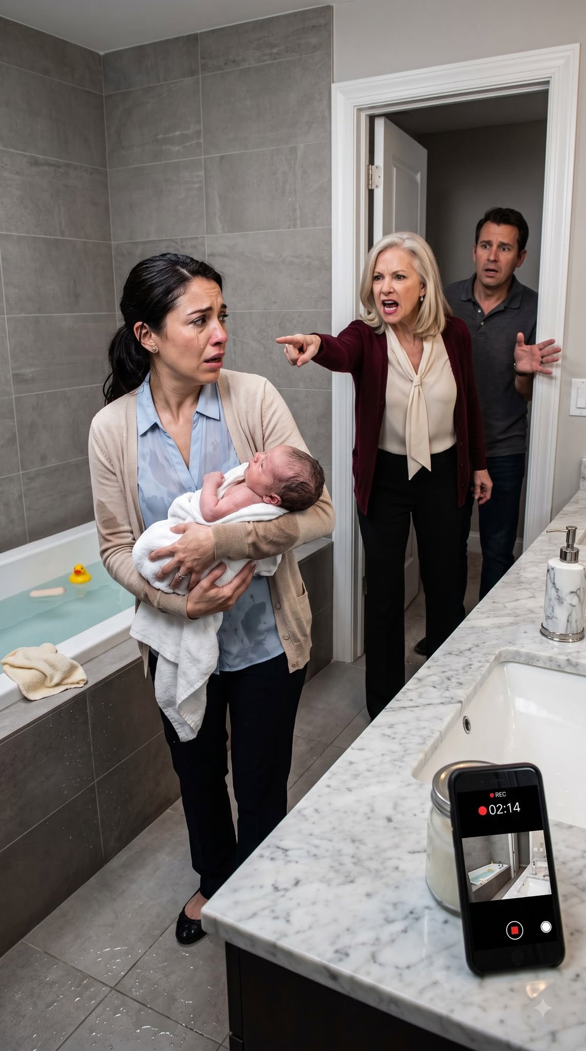 I was only the nanny, but when I found baby Sophie alone in a bathtub and pulled her out, Daniel’s mother attacked me before I could even explain what had happened. She kicked me, slapped me, then hid behind her son when he stormed in and struck me too because he believed her story that I had attacked first. I thought I had just lost my job and any chance of protecting Sophie—until I pulled a hidden camera from inside my blouse and asked if they wanted to see the truth. What none of us knew was that the recording would expose far more than one violent bathroom incident: Patricia had been building a case for months to take control of Sophie, Daniel’s house, and the trust left behind by the baby’s dead mother.