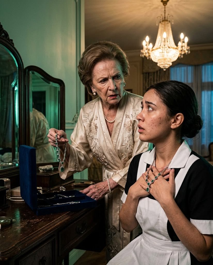 I was getting ready for a charity dinner when I saw the emerald necklace hidden beneath my new maid’s uniform and nearly stopped breathing. Ten years earlier, I had fastened an identical pendant around my thirteen-year-old daughter’s neck the morning she supposedly died in a highway crash, and I had kept its matching twin locked in a velvet box ever since. The maid told me her parents had left the necklace to her, but when I placed the two emeralds side by side, even the scratches on their silver settings matched. I thought I was looking at proof that someone had stolen my dead child’s jewelry—until I looked closely at the young woman’s eyes and realized the greater possibility was far more terrifying: perhaps my daughter had never died at all.