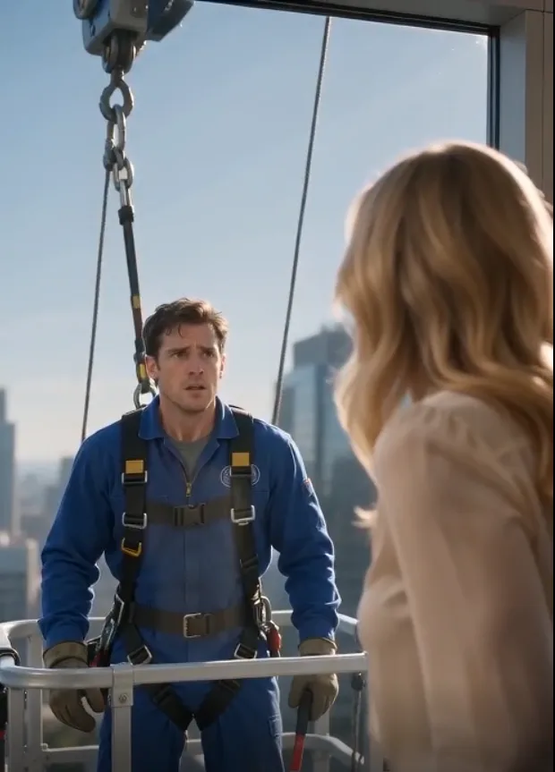 I was hanging from a suspended window-cleaning platform forty stories above the street when one of my safety cables suddenly dropped and slammed me against my wife’s office window. I wiped the soap off the glass and found Claire in another man’s arms—kissing her wealthy boss like our marriage meant nothing. I thought the worst part of that day was the moment she finally turned, saw me through the glass, and went pale with shock. I was wrong, because less than an hour later a building engineer quietly told me my cable had not failed by accident.