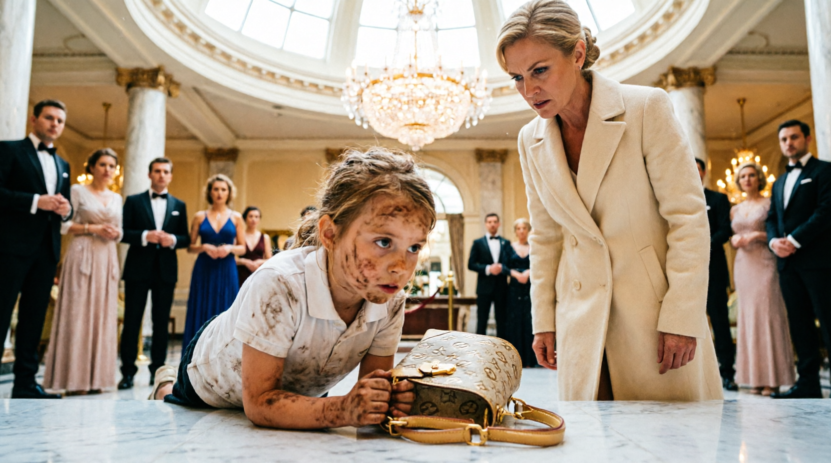 The little girl slid violently across the polished, immaculate marble floor, both of her tiny, trembling hands wrapped securely around the thick leather strap of an impossibly expensive designer bag.