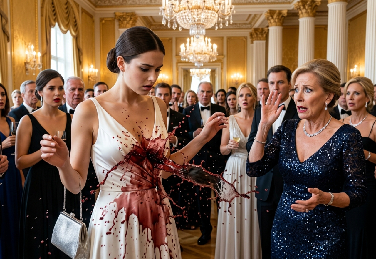 PART 2: The darkness broke as the heavy, ornate chandelier overhead flickered back to full, piercing brilliance, casting a harsh illumination over the frozen tableau. Silence in the room was no longer just an absence of sound; it had a physical weight, smelling of spilled Cabernet, expensive perfume, and the cold, metallic tang of unadulterated fear.  Her father took a step backward, his leather shoes dragging heavily against the marble floor. His chest heaved beneath his bespoke tuxedo, his fingers twitching as he stared at the two gleaming gold stars pinned to Elena's shoulders. The absolute dominance he had exerted just minutes prior had vanished, replaced by the panicked calculations of a man who realized he had just publicly humiliated a high-ranking commander of the United States Armed Forces.  "Elena... what is the meaning of this charade?" her mother stammered, her voice losing its practiced, melodic rhythm and shrilling into a desperate panic. She dropped her gaze to the floor, avoiding the razor-sharp focus of her daughter’s eyes, while her hand shook so violently that the remaining wine in her glass splattered onto her own designer shoes.  Elena did not answer her mother; she didn't even look at her. Instead, she kept her eyes locked entirely on her father, closing the distance between them with slow, synchronized steps until she stood less than a foot away. The sheer proximity of her rigid, tailored uniform made him look fragile, stripping him of the grand facade he had spent a lifetime building in front of these high-society elites.  "A charade?" Elena’s voice was smooth, deadly quiet, and utterly devoid of the warmth they had spent years trying to extinguish. "For ten years, you told this family I was away at a private boarding school, and later, managing real estate acquisitions abroad because my existence didn't fit the fragile, curated image of your civilian dynasty."  Her brother Julian tried to step between them, his face flushed red with a mixture of embarrassment and unearned arrogance as he tried to salvage their dignity. "You think putting on a suit makes you better than us? Dad built this company! You're just a—"  Before Julian could finish the insult, the senior officer who had saluted Elena stepped forward from the edge of the stage, his heavy combat boots echoing like thunderclaps against the stone floor. He was a four-star general, a man whose name was etched into national security doctrines, and the sheer gravity of his presence caused the surrounding crowd of billionaires to instinctively part like the Red Sea.  "Watch your mouth, young man," General Vance growled, his voice vibrating with a terrifying authority that caused Julian to physically flinch and step back. "You are speaking to the youngest female Major General in the history of the Joint Chiefs of Staff, a woman who just spent the last six months orchestrating a highly classified defense operation that saved thousands of American lives—including the international supply chains your father’s logistics firm relies upon."  A collective gasp swept through the ballroom, louder and far more destructive to the family's social standing than the shattering of the wine glass had been. The wealthy onlookers, who had previously snickered at Elena's ruined dress, were now whispering in utter awe, their gazes shifting from her family's pale, trembling faces to Elena’s chest, which was adorned with rows of silver stars and distinguished service medals.  Her father swallowed hard, the muscles in his jaw clenching as he tried to find a way to spin the narrative, to claim her glory as a product of his own upbringing. "Elena... if we had known... you must understand we only wanted to protect you from the harsh realities of the world, to keep you grounded in family values—"  "Family values?" Elena cut him off, her voice slicing through his lie with surgical precision. She reached into the pocket of her pristine navy jacket and pulled out a sleek, government-encrypted digital tablet, tapping the screen once to activate a high-resolution projection that filled the massive presentation screens behind the ballroom stage.  The screens flickered to life, displaying audited bank ledgers, offshore shell company registries, and hundreds of signed military procurement contracts stamped with her father's corporate seal. The entire room went completely breathless as they stared at the evidence revealing that her father’s firm had been systematically overcharging the Department of Defense for subpar tactical equipment, siphoning millions into private accounts while putting active-duty soldiers at risk.  "You didn't want to protect me, Father; you wanted to hide me because you knew that if I ever looked too closely at the family business, my security clearance would tear your empire to pieces," Elena said, her words dropping like iron weights into the stunned audience. "I didn't come to this gala tonight to be your dutiful, submissive daughter; I came because General Vance and a federal task force required my final authorization to freeze your assets and execute the warrants."  As if on cue, the heavy wooden double doors at the back of the hall burst open, and six stone-faced federal agents in dark tactical vests marched into the ballroom, heading directly toward her father and brother. Julian let out a pathetic, stifled whine as an agent grabbed his arms, locking heavy steel handcuffs around his wrists, while another agent quietly read his father his rights in front of the very peers he had spent his life trying to impress.  Her mother collapsed into a nearby chair, weeping hysterically as she realized their wealth, their reputation, and their freedom had vanished in the span of a single evening. Her father offered no resistance, his shoulders slumping completely as he was led away in chains, refusing to meet the gaze of the daughter he had dismissed as "cheap" only minutes before.  Elena watched them go, her face an unreadable mask of military discipline, but as the room began to clear and the heavy tension finally dissolved, a subtle tremor passed through her fingers. The weight of a decade’s worth of isolation, rejection, and emotional abuse seemed to lift from her chest all at once, leaving her standing in the center of the grand room, completely untethered from the ghosts of her past.  General Vance stepped up beside her, placing a warm, steadying hand on her shoulder and offering her a rare, genuinely proud smile that spoke of a deep, hard-earned mutual respect. "Excellent work, Major General Ross. Your country owes you a debt that can never fully be repaid, and it's time you finally step out of the shadows and take the credit you deserve."  Elena looked up at the glittering chandelier, the light reflecting off the two gold stars on her shoulders, and for the first time in her life, she let out a soft, beautiful laugh that echoed through the quiet ballroom. She walked out of the gilded hall and into the crisp night air, knowing that she would never have to change for anyone ever again, because she had finally fought her way into the light and built an unbreakable kingdom entirely of her own.