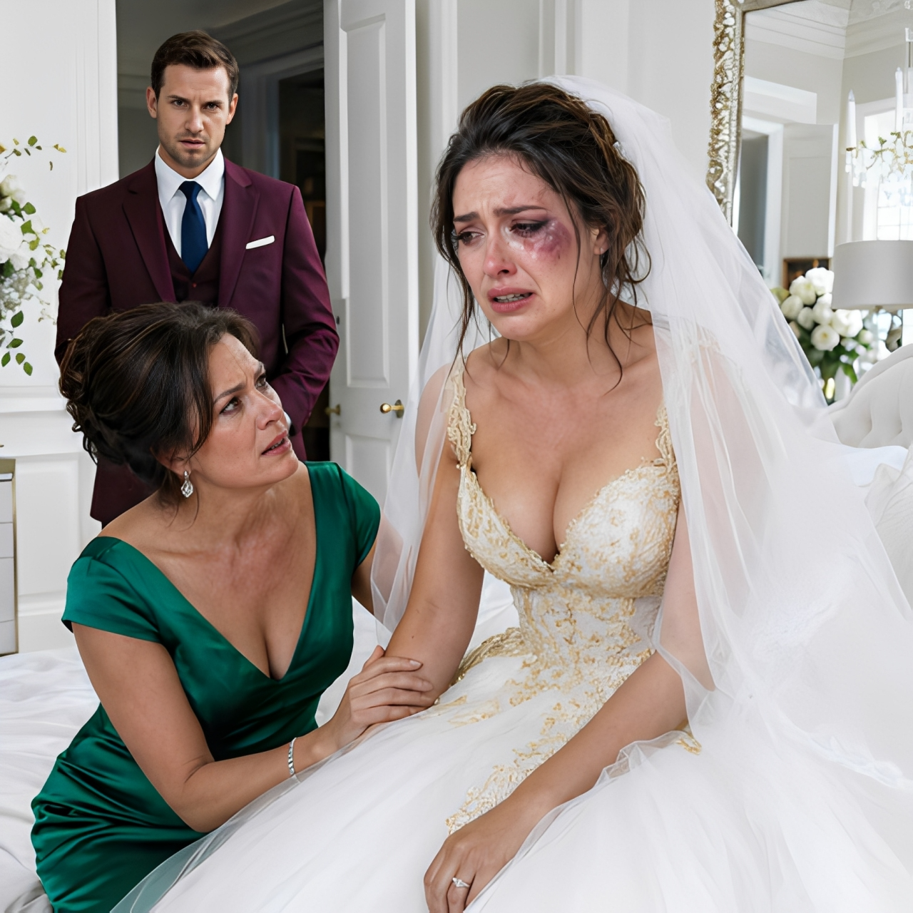 Emily stood before the heavy gilt bridal mirror, one hand pressed hard against her left cheek.