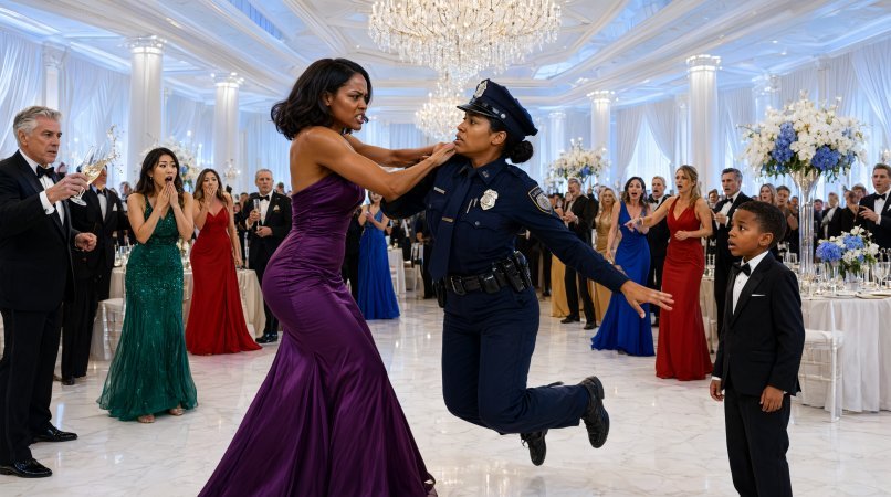 A glamorous charity gala was in full swing inside a breathtaking ballroom, where crystal chandeliers glittered above wealthy guests and elegant music drifted through the air.