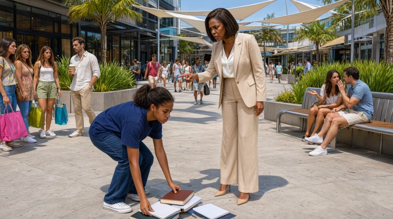 A high-stakes drama unfolded in the sunlit courtyard of a high-end outdoor shopping plaza when a young African-American high school student accidentally dropped her backpack, sending her heavy textbooks, notebooks, and headphones clattering across the paved floor.
