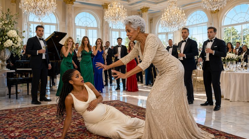 Bianca forcefully shoves pregnant Serena from the ornate chair positioned beside the head of the table.