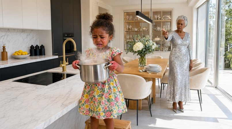 Chloe's red little hands were shaking around a heavy serving dish when Alex stepped into the kitchen doorway.