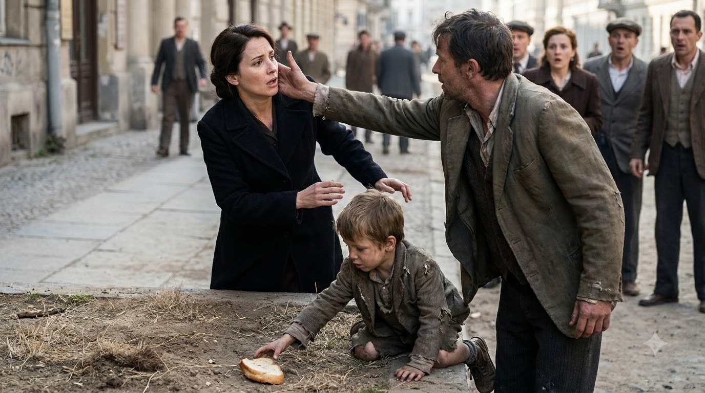 A woman threw a piece of bread into the dirt for a hungry little boy to pick up—and before anyone could react, a man ran across the street and slapped her.
