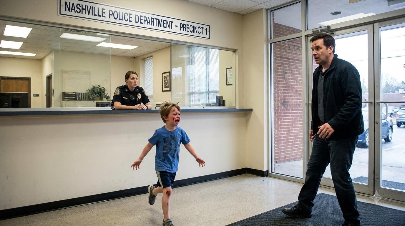 A bruised little boy burst into our Nashville police station screaming for help—and the man chasing him stopped dead when he saw me behind the desk.