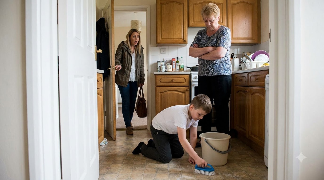 I came home early and found my mother-in-law standing over my nine-year-old son while he scrubbed our kitchen floor on his knees.