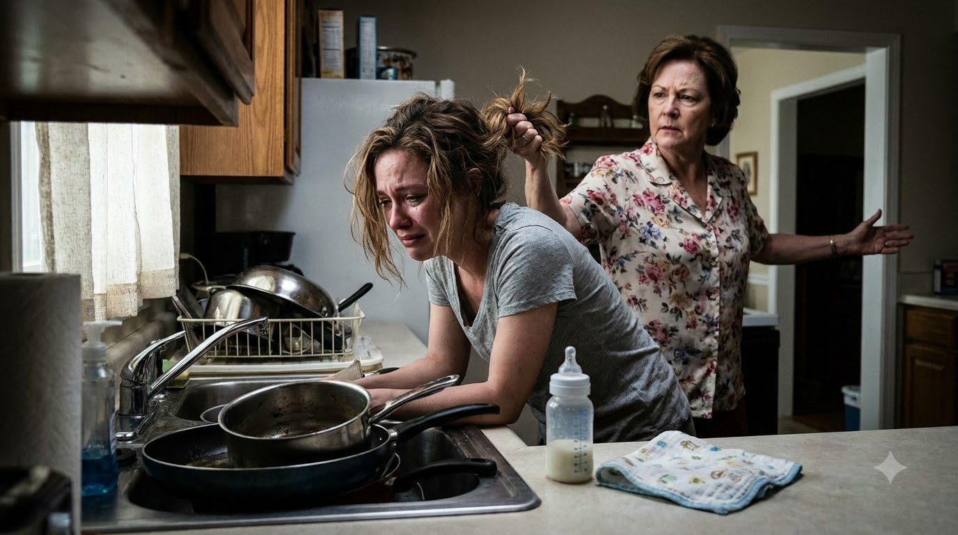 Ten days after giving birth, I found myself crying over a sink full of dishes while my mother-in-law held a fistful of my hair and threatened to throw me out of my own home.