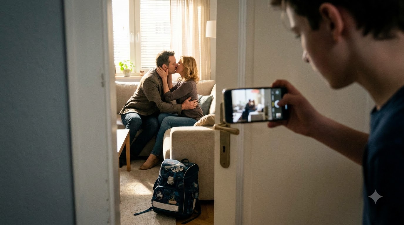 My son came home from school early and found his father kissing another woman in our living room—then he secretly started recording everything.
