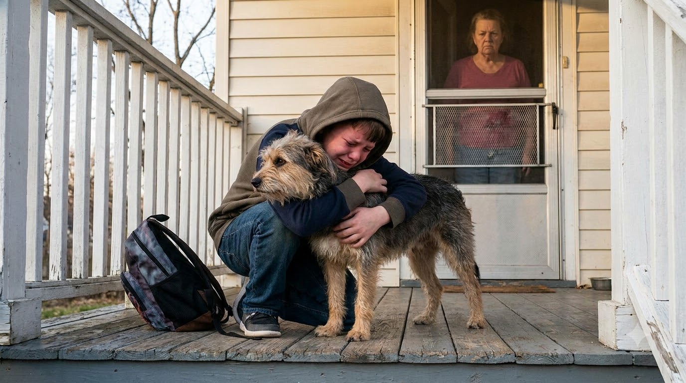 My mother-in-law threw my son’s dog out because she said he was “filthy”—and when my son came home from school, I found him sitting on the porch clutching that dog and sobbing.