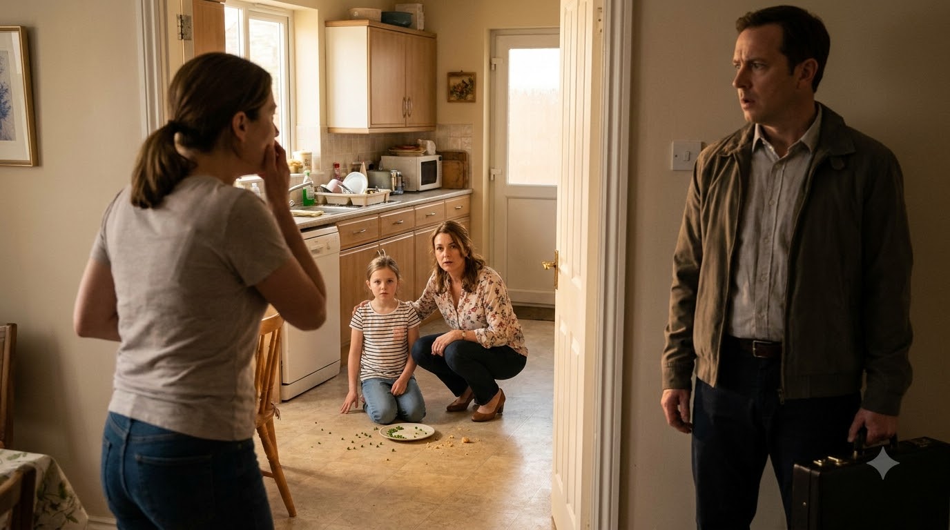 I came home from work and found my mother-in-law forcing my seven-year-old daughter to pick food off the floor and eat it—what happened next made my husband freeze in the doorway.