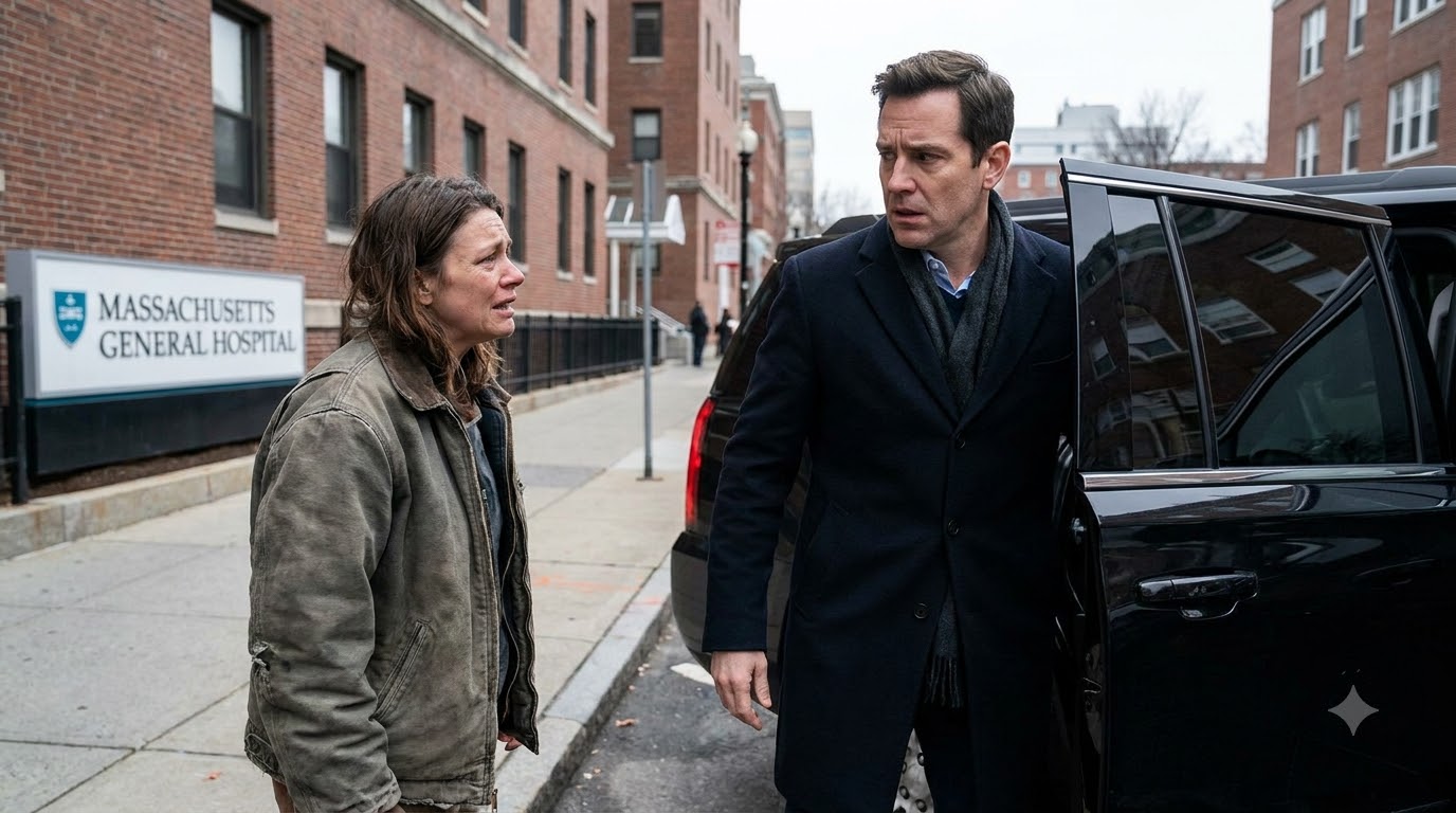 I was begging strangers outside a Boston hospital to help my sick mother when a black SUV stopped beside me—and the man who stepped out stared at my face like he had seen a ghost.