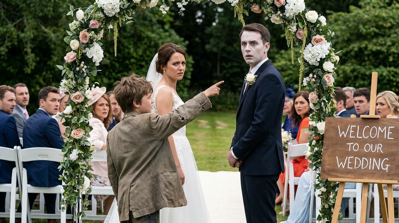 A little boy in torn clothes ran into my wedding, pointed straight at my groom, and cried, “Daddy!”—but the look on my fiancé’s face scared me more than the accusation.