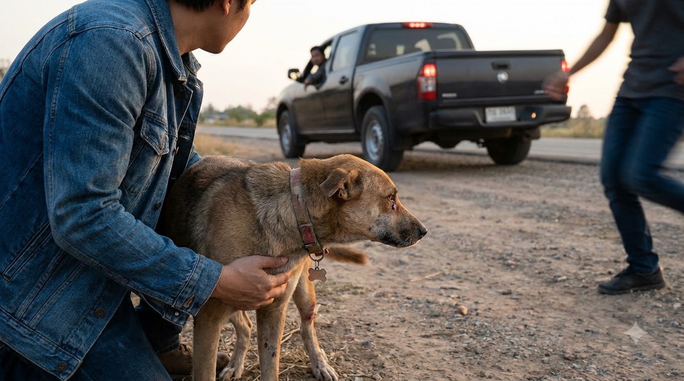 I saw a man deliberately swerve his truck toward a dog standing in the road—and when I ran over to help, I noticed something around the injured dog’s neck that made the driver slam on his brakes.