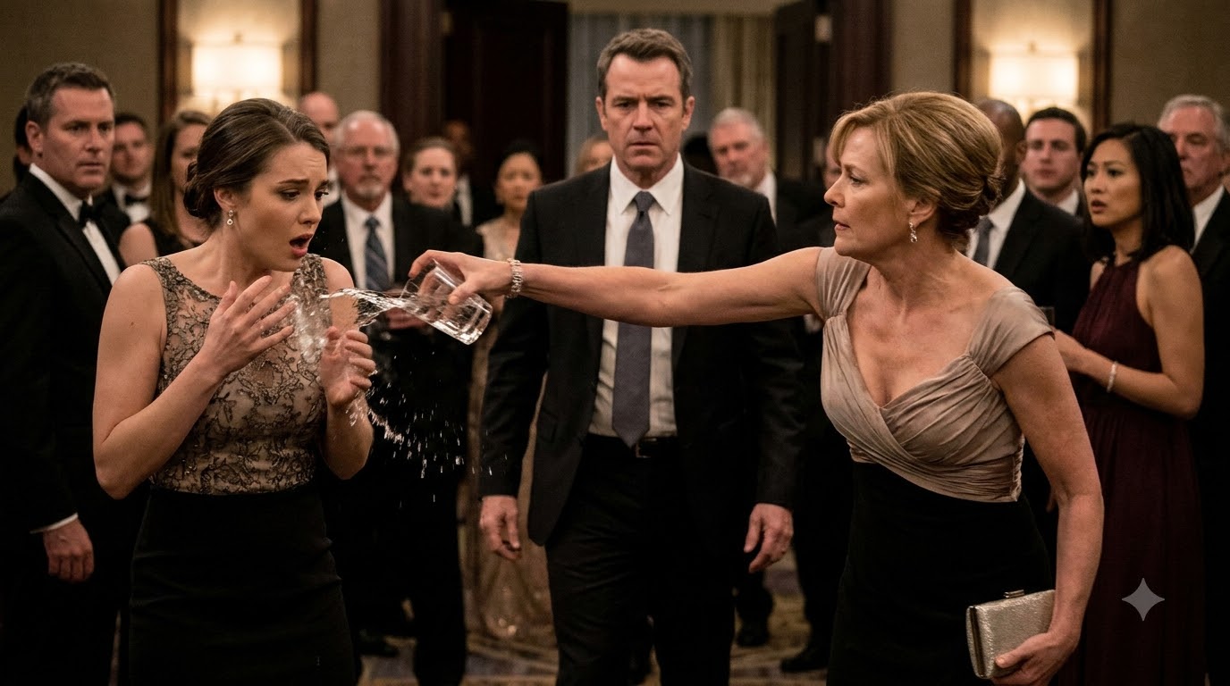 My mother-in-law threw a glass of water in my face at a charity gala and called me a gold digger—she had no idea the quiet man walking toward us was my father.