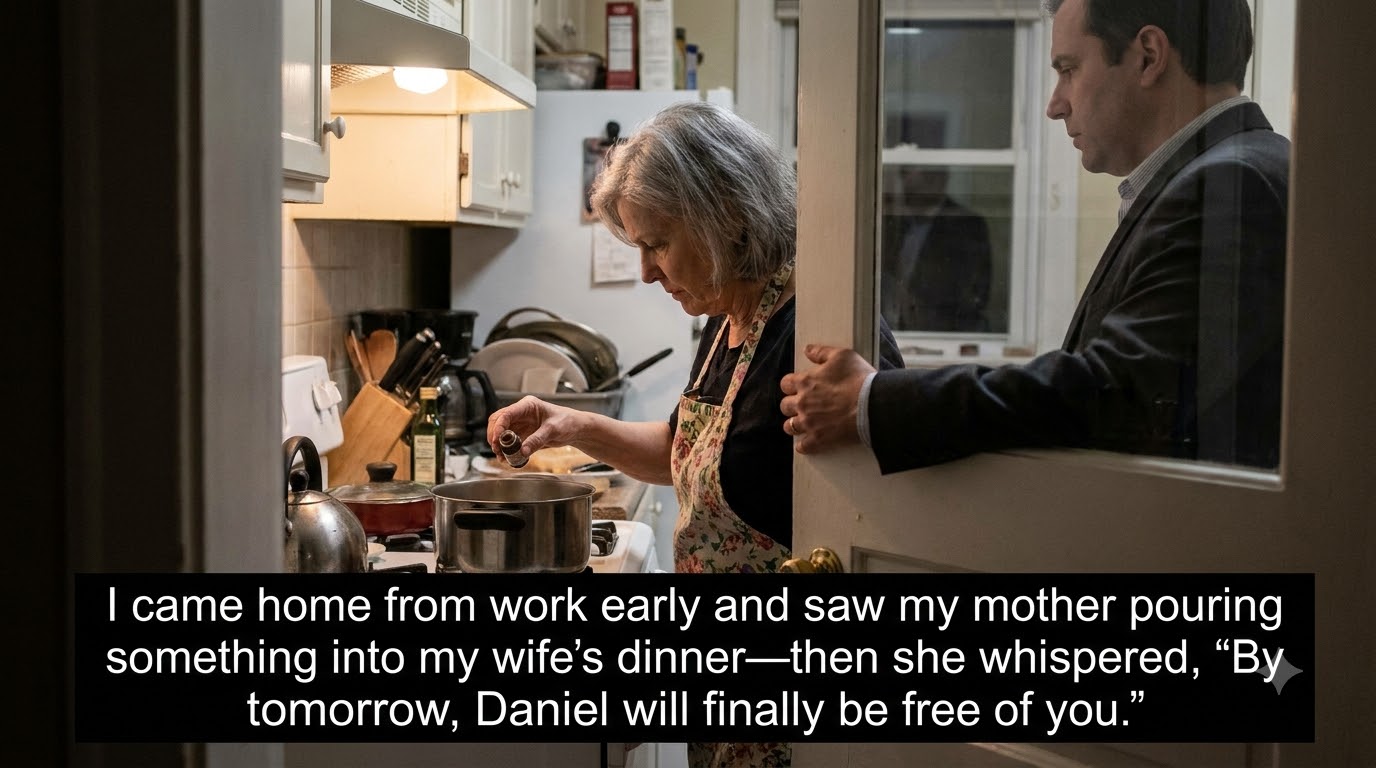 I came home from work early and saw my mother pouring something into my wife’s dinner—then she whispered, “By tomorrow, Daniel will finally be free of you.”