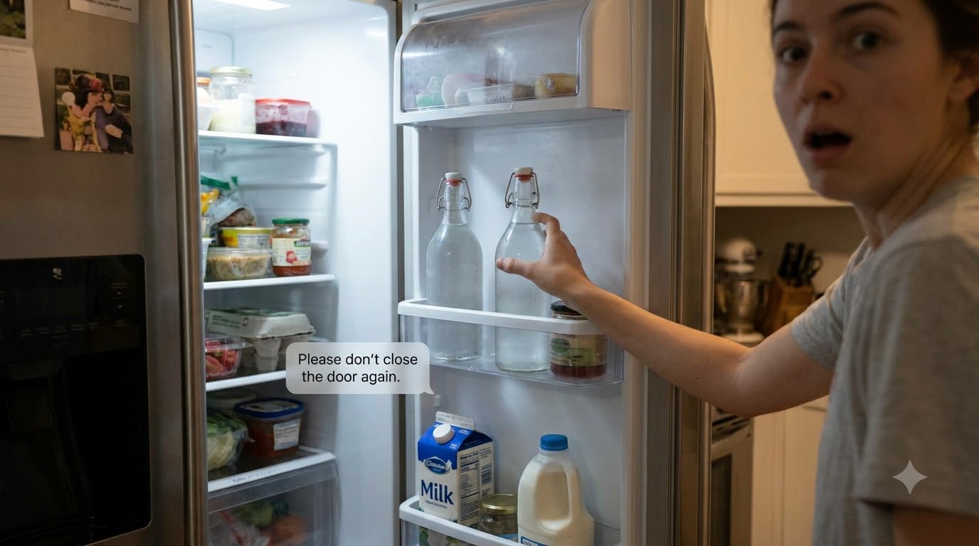 I opened my sister’s refrigerator looking for a bottle of water—and heard a tiny voice whisper, “Please don’t close the door again.”