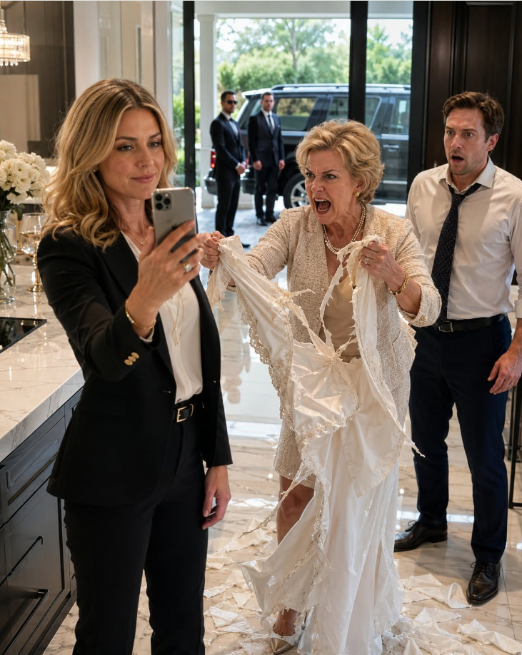 My mother-in-law ripped apart my dress in my own kitchen while screaming that her son paid for everything… but less than twenty-four hours later, he lost his job, his company car, and even the keys to the house he thought belonged to him.