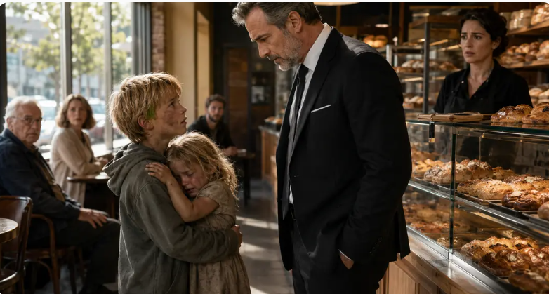 The little boy walked into the bakery carrying his sister in his arms.