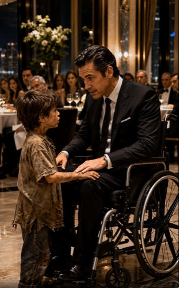 A dirty little boy walked into a luxury restaurant and approached a billionaire sitting in a wheelchair.