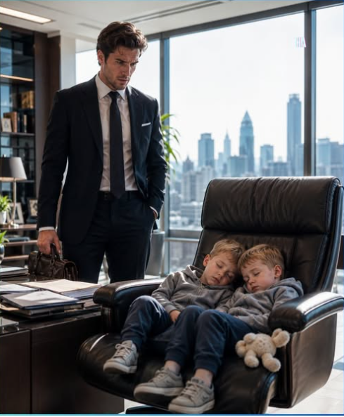 A Millionaire CEO Came to Work and Found Twins Sleeping in His Chair, and the Note Beside Them Destroyed the Life He Thought He Wanted