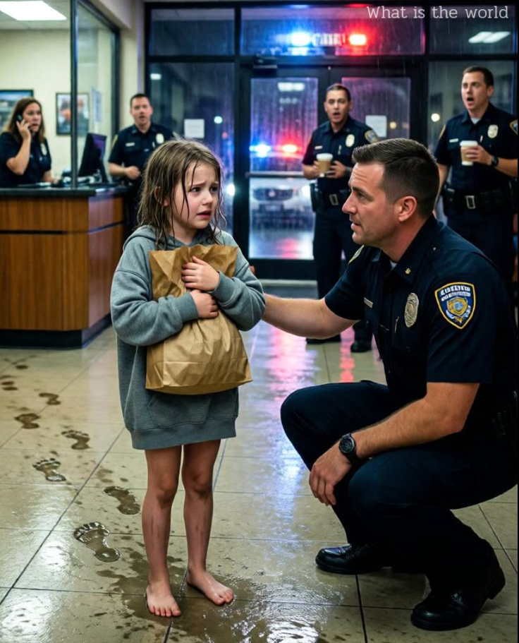 A 7-Year-Old Girl Walked Into A Police Station Alone At 9:46 PM, Barefoot And Clutching A Paper Bag Like Her Life Depended On It — Then She Looked Up And Whispered, “Please… I Brought Him Here”… And The Officer Slowly Stood Up As The Entire Room Went Silent