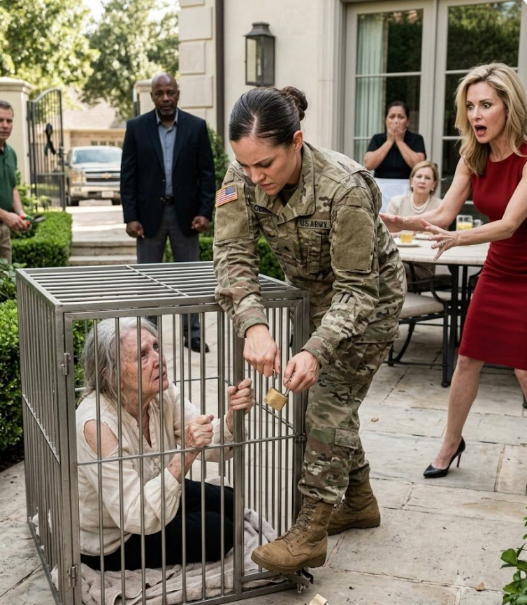 After six months overseas, I came home to my father's funeral ribbon and my grandmother locked in a dog crate. My stepmother smiled in red: ""She belongs there, and this house is mine now."" I didn't cry. I broke the lock — then Grandma pressed a hidden key into my shaking hand.