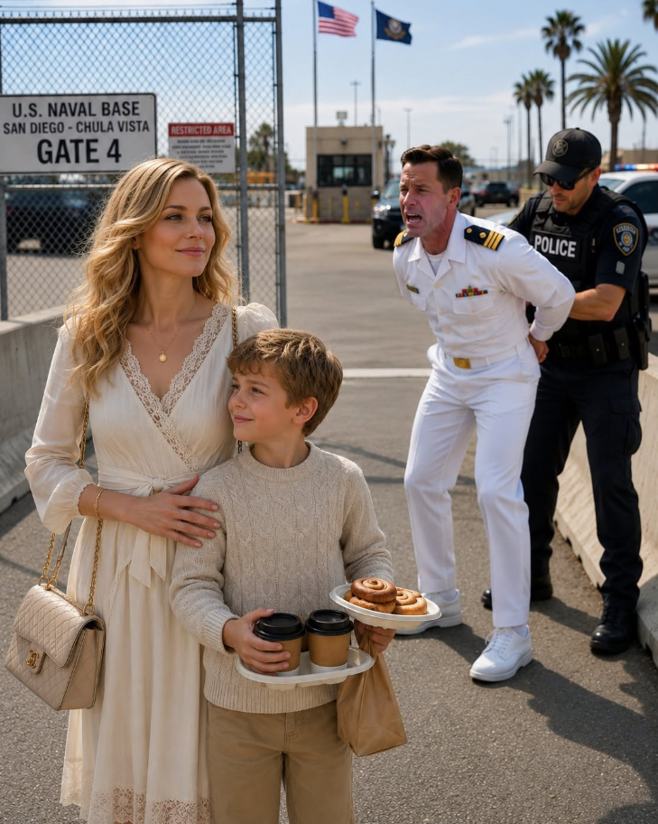 I drove my eight-year-old son to surprise his father at the naval base with fresh cinnamon rolls and hot coffee. Instead, a young guard stopped us at the gate and quietly said,