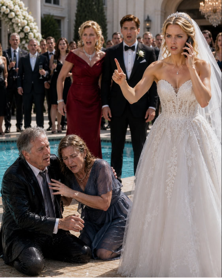 At my wedding, my mother-in-law looked my parents up and down with disgust and scoffed, “I've never seen such a miserable, poor family.” Then she pushed them into the pool, laughing, “Time to rinse off that smell of poverty.” My fiancé never lifted a finger. I walked to the microphone and said, “The wedding is canceled—and by tomorrow morning, your family empire will collapse.” Then I placed one phone call.