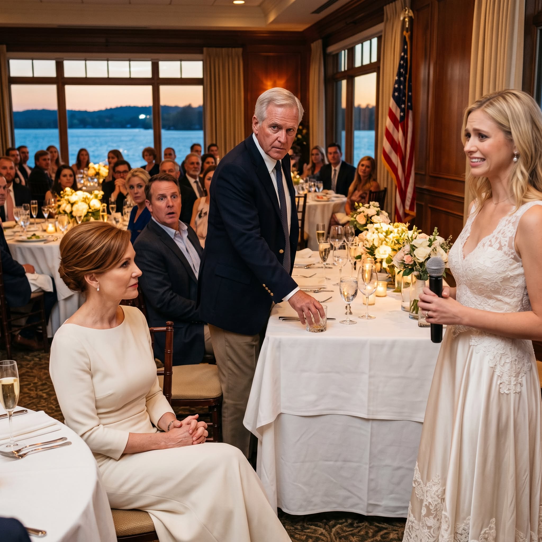 At my stepdaughter’s engagement party, she stood up, holding a microphone: “This is my father’s wife—just a live-in maid in this house”; I sat still, said nothing; suddenly, the groom’s father stared at me, his voice lowering: “Ma’am… should I tell them who you really are?”; the entire room froze…
