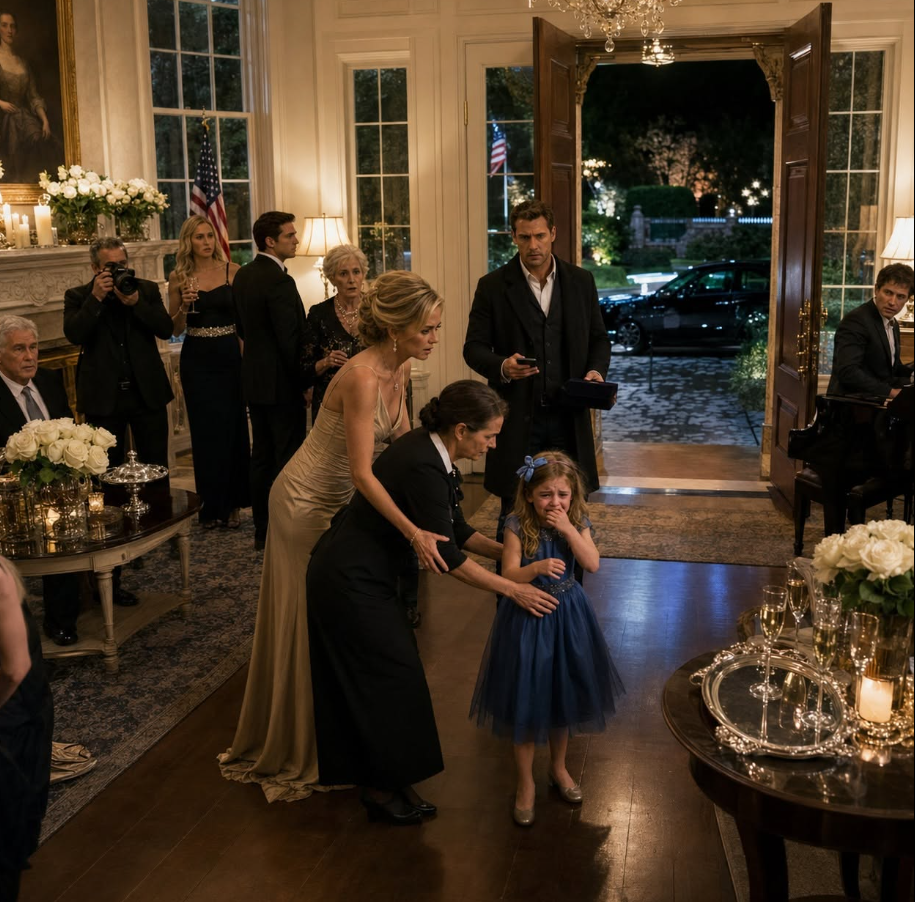 In the middle of a private family celebration, seven-year-old Lily stood under the chandelier crying so hard she could barely breathe.