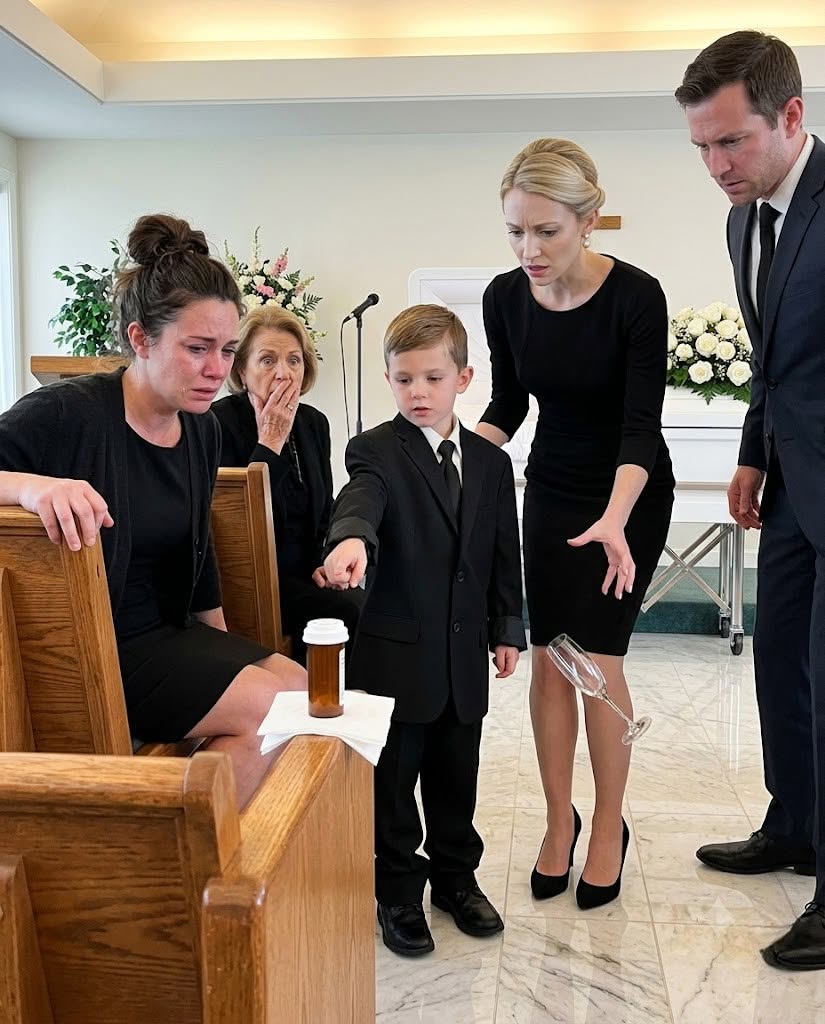At Emma's funeral, my sister raised champagne beside my seven-year-old's casket: "Stay quiet and let this family have joy." I kept both hands on the pew. Then my nephew pointed at Emma's brown prescription bottle: "She switched the white pills." Her smile died when the phone showed an email titled "Trial Neutralization Progress" saying Emma had to fail the drug trial.