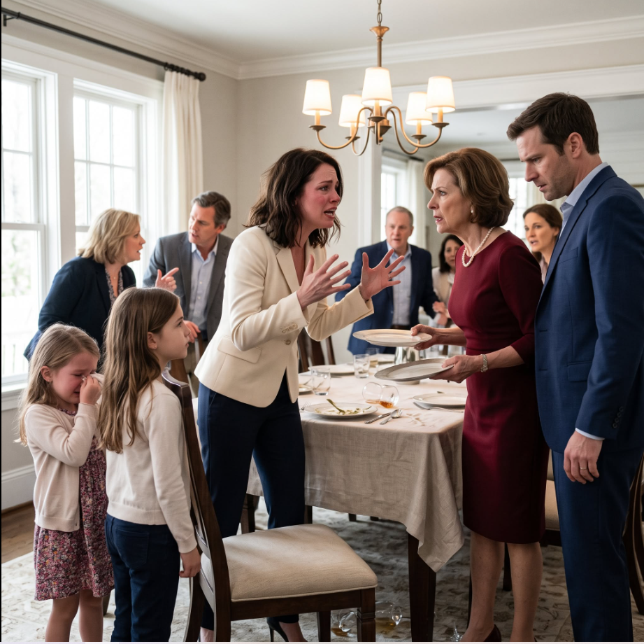 My husband watched silently as his mother humiliated our daughters and banished them from the family table. They believed I was a powerless wife living on his money. By sunrise, the mansion was locked, his accounts were frozen, and everyone discovered whose real estate empire had funded their lies...