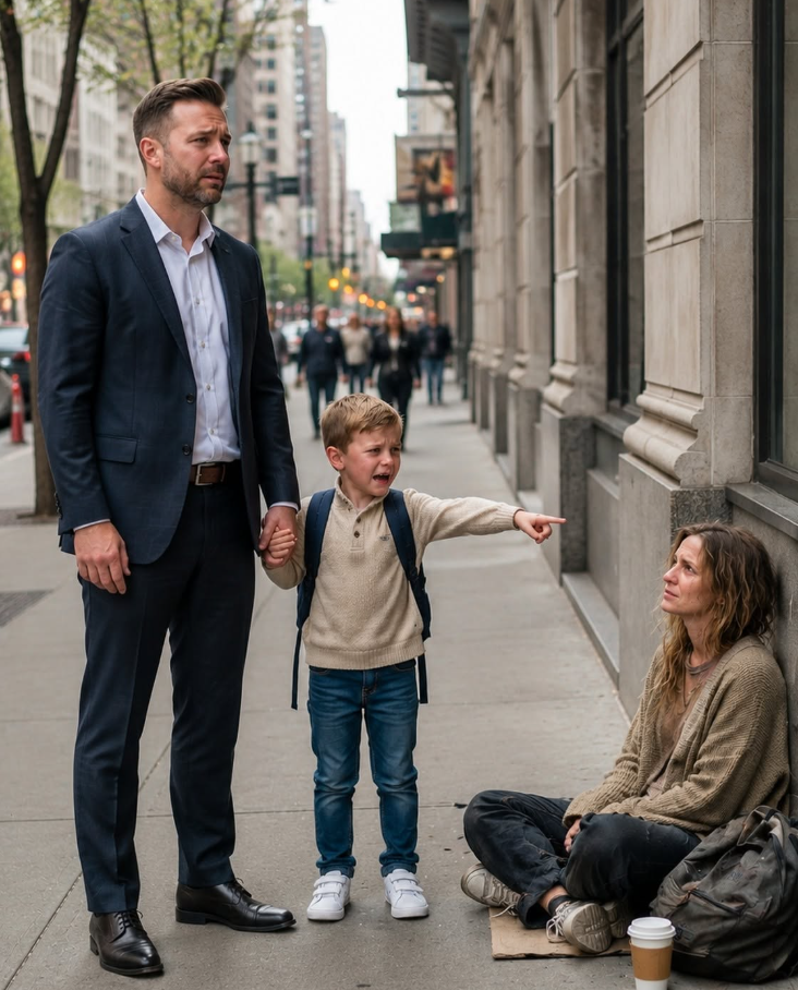 1,I froze in the middle of a crowded street when my eight-year-old son grabbed my hand and whispered, “Dad… that’s Mom.” Three years after I buried my wife, a homeless woman looked up from a piece of cardboard—and five quiet words from her lips shattered everything I believed about her death.