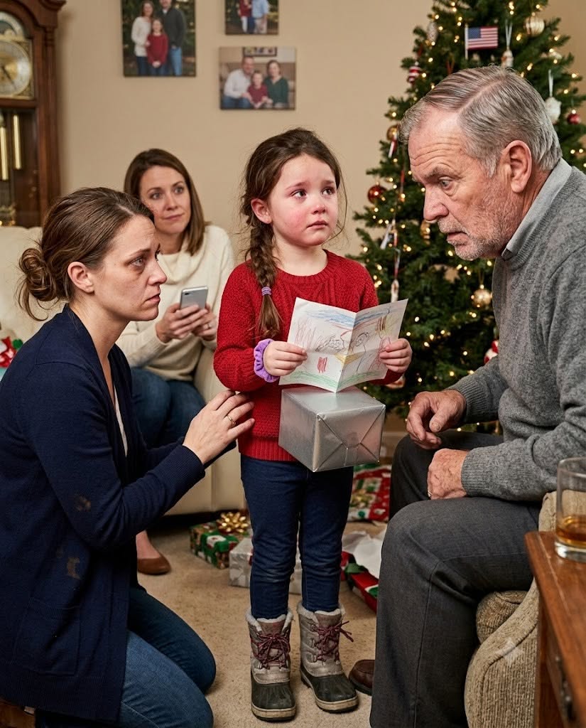 At Christmas, my father handed my seven-year-old daughter an empty gift box in front of the whole family. My sister laughed, "She's worthless, just like her mother." Kaia closed the box, held out one drawing for her grandfather, and his face went pale.