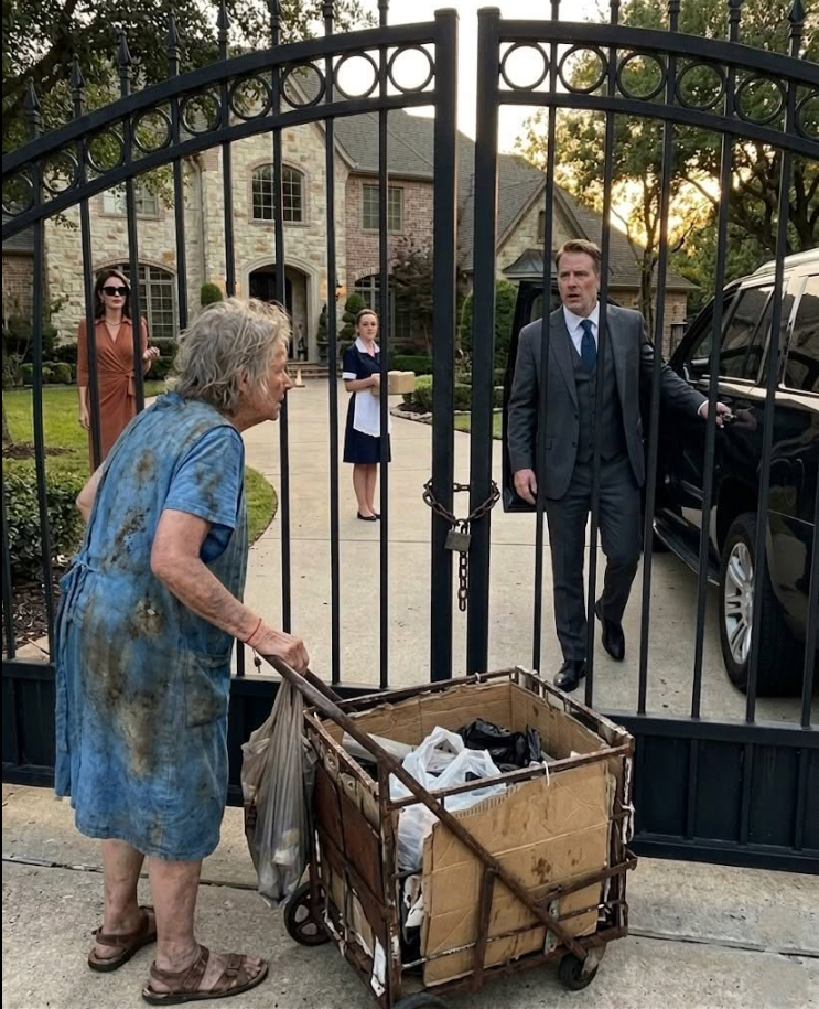 The old woman who collected cardboard only asked for a glass of water outside the mansion… no one imagined the owner would begin to shake the moment he heard her voice.