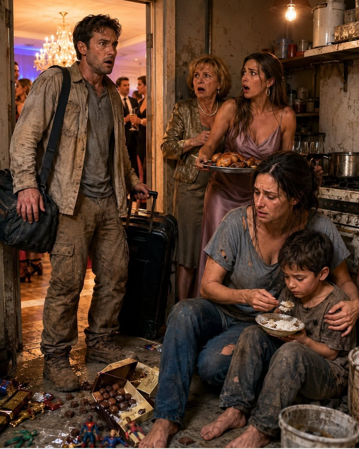 I came home after five years of brutal work overseas expecting to surprise my family with gifts, hugs, and a new beginning. Instead, I found my wife and six-year-old son hiding behind the mansion I paid for—starving in a filthy back kitchen while my mother and sister threw champagne parties inside.