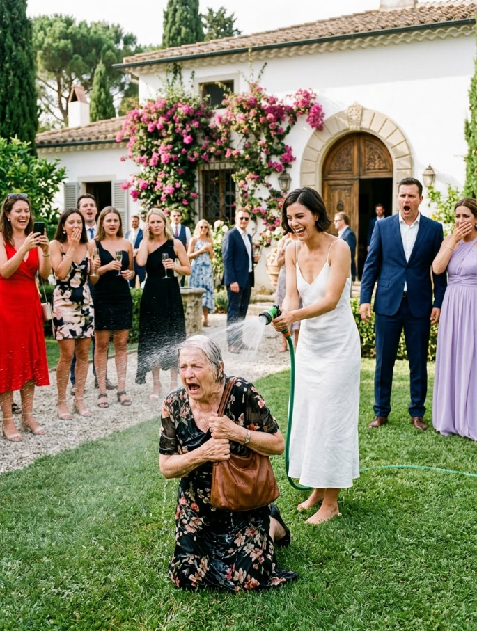 At my son's engagement celebration, his bride-to-be sprayed me with a garden hose in front of thirty onlookers and sneered: "Beggars don't belong at weddings here." I merely held my grocery bag tight to my chest, keeping my phone recording the whole time, waiting for the moment she realized who she was actually dealing with.