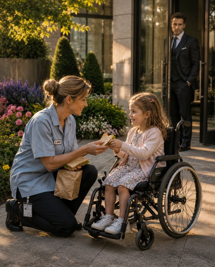POOR CLEANING LADY SHARES HER MEAL WITH GIRL IN WHEELCHAIR, UNAWARE SHE’S THE BOSS'S DAUGHTER