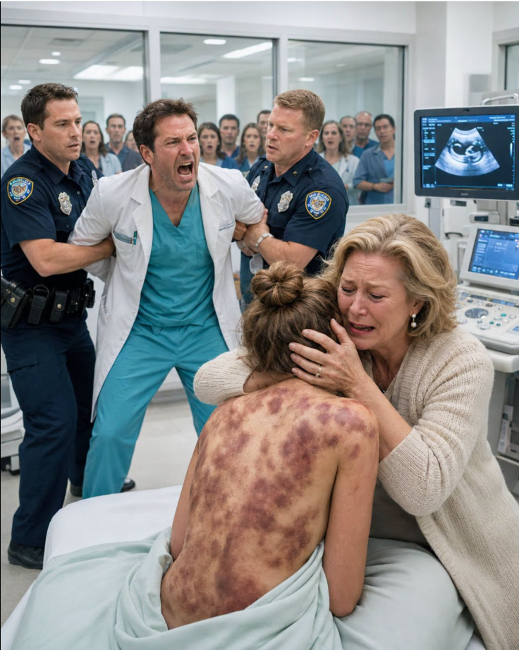 At an elite maternity clinic, I was helping my daughter get changed for the last ultrasound before her due date. The instant her blouse slipped down from her shoulders, everything inside me stopped. Dark bruises, shaped like the prints of boots, covered her back and ribs. Trembling, she tried to pull the fabric over them and whispered, “Mom… please. He runs this hospital. He promised that if I ever leave him, I won’t survive the C-section.” I didn’t break down. I simply helped her into the gown, smiled softly, and said, “Let’s go meet your baby first.” While the ultrasound was being done, I silently began dismantling the empire her husband believed could never be touched.