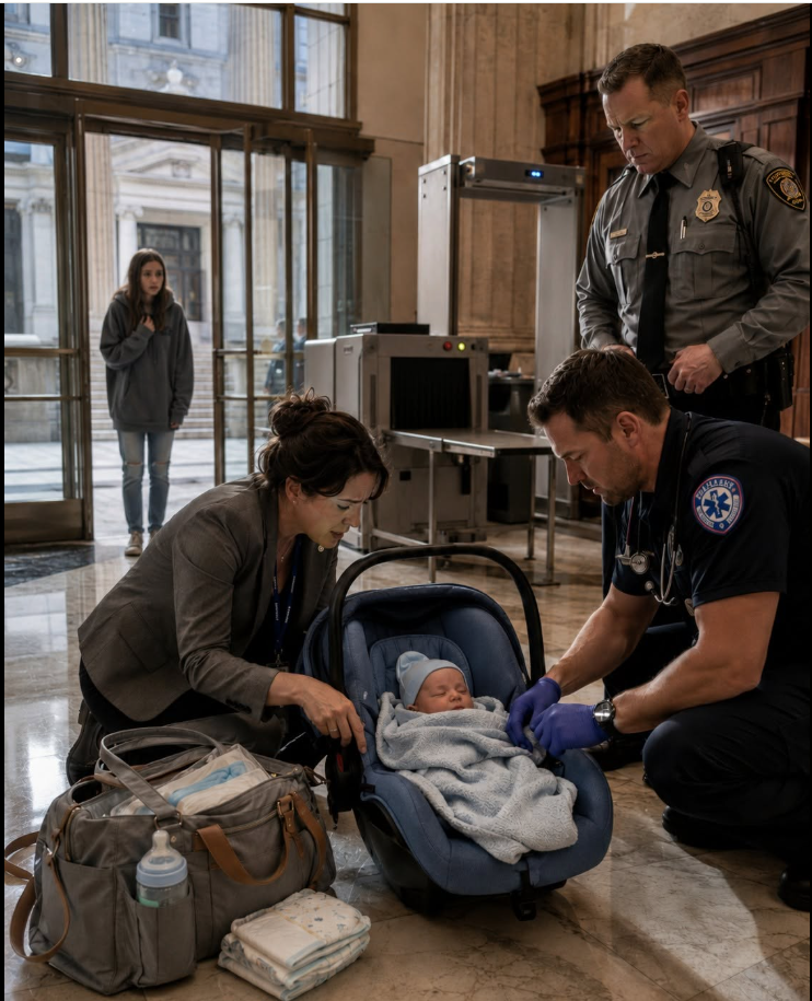 At 6:04 on a Monday morning, courthouse clerk Rebecca Mills found a newborn baby sleeping between the two sets of glass doors at the county courthouse.
