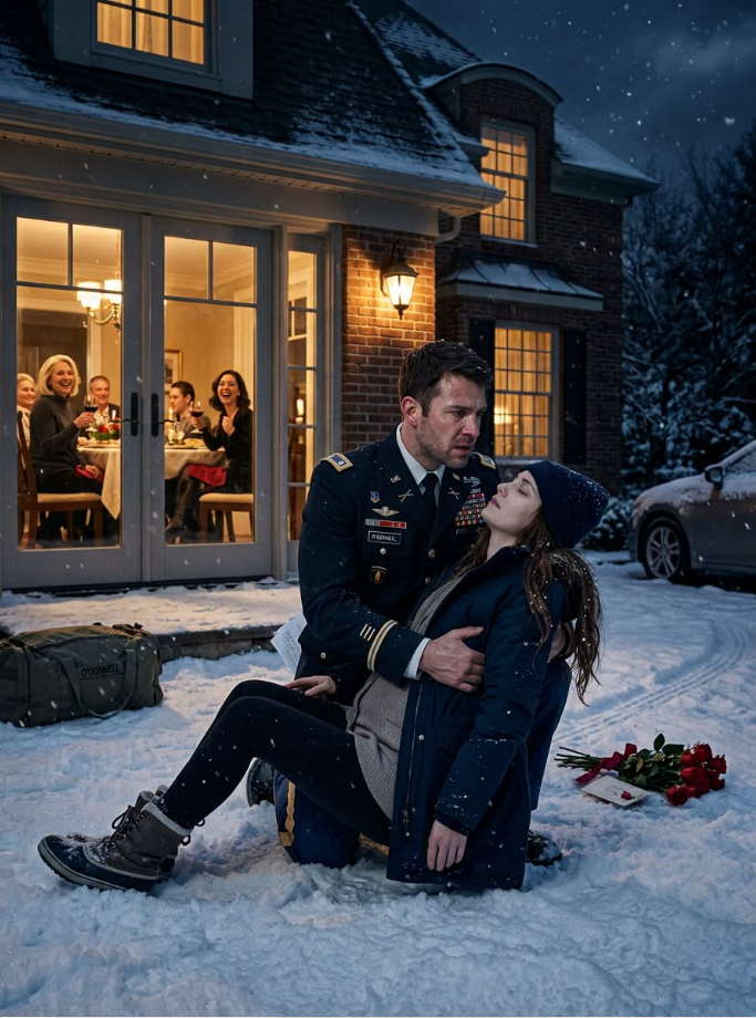 I returned from deployment hoping to surprise my wife, but found her collapsed outside in the freezing snow. Through the window, my mother raised her glass and laughed, “Maybe now she’ll stop acting like she owns this family.” I wrapped my coat around my wife and called an ambulance. Then I phoned my attorney and said, “Activate everything.” By sunrise, Mom and my sister discovered the cameras had recorded months of abuse—and my silence had never meant forgiveness.After two years of military service, I came home early carrying a bouquet in one hand and my discharge papers in the other.