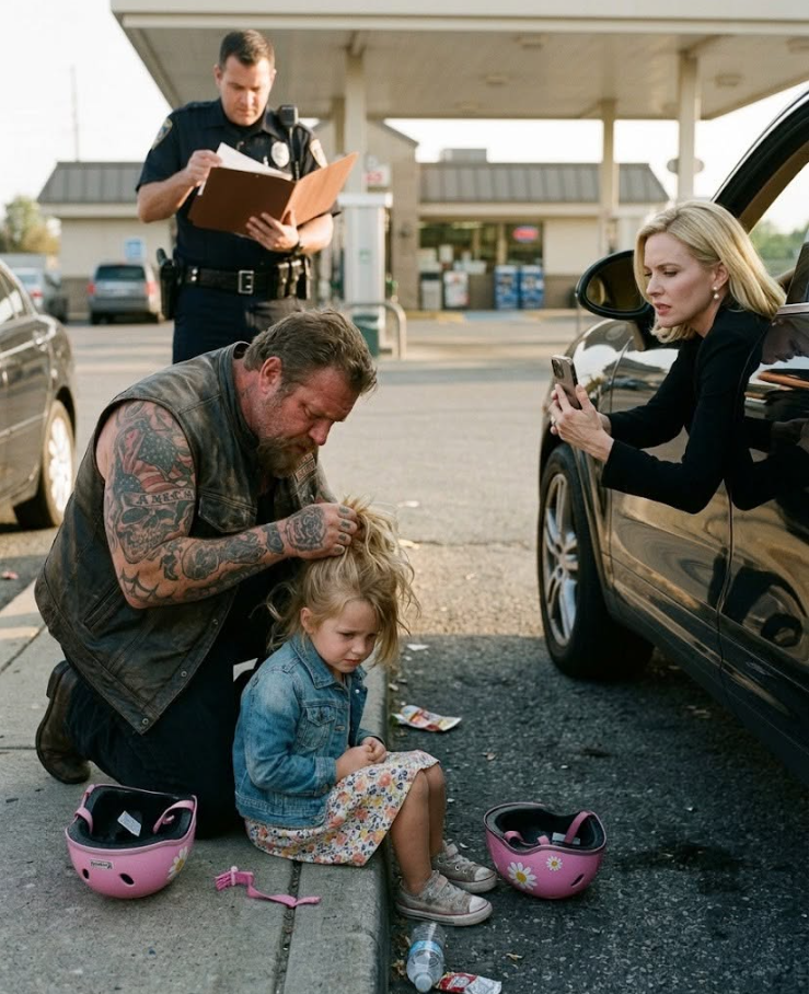A tattooed father knelt outside a Shell station trying to fix his five-year-old daughter’s ponytail while his ex-wife screamed through the phone, ‘You look ridiculous. Give her back.’