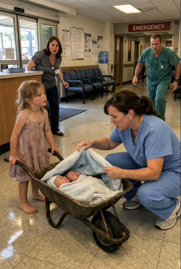 The Hospital Staff Thought the Squeaking Sound Was a Broken Cart — Until They Saw a Barefoot Little Girl Dragging a Rusted Wheelbarrow Across the Lobby, Whispering “My Brothers Won’t Wake Up,” and When They Looked Inside, the Entire ER Froze in Place