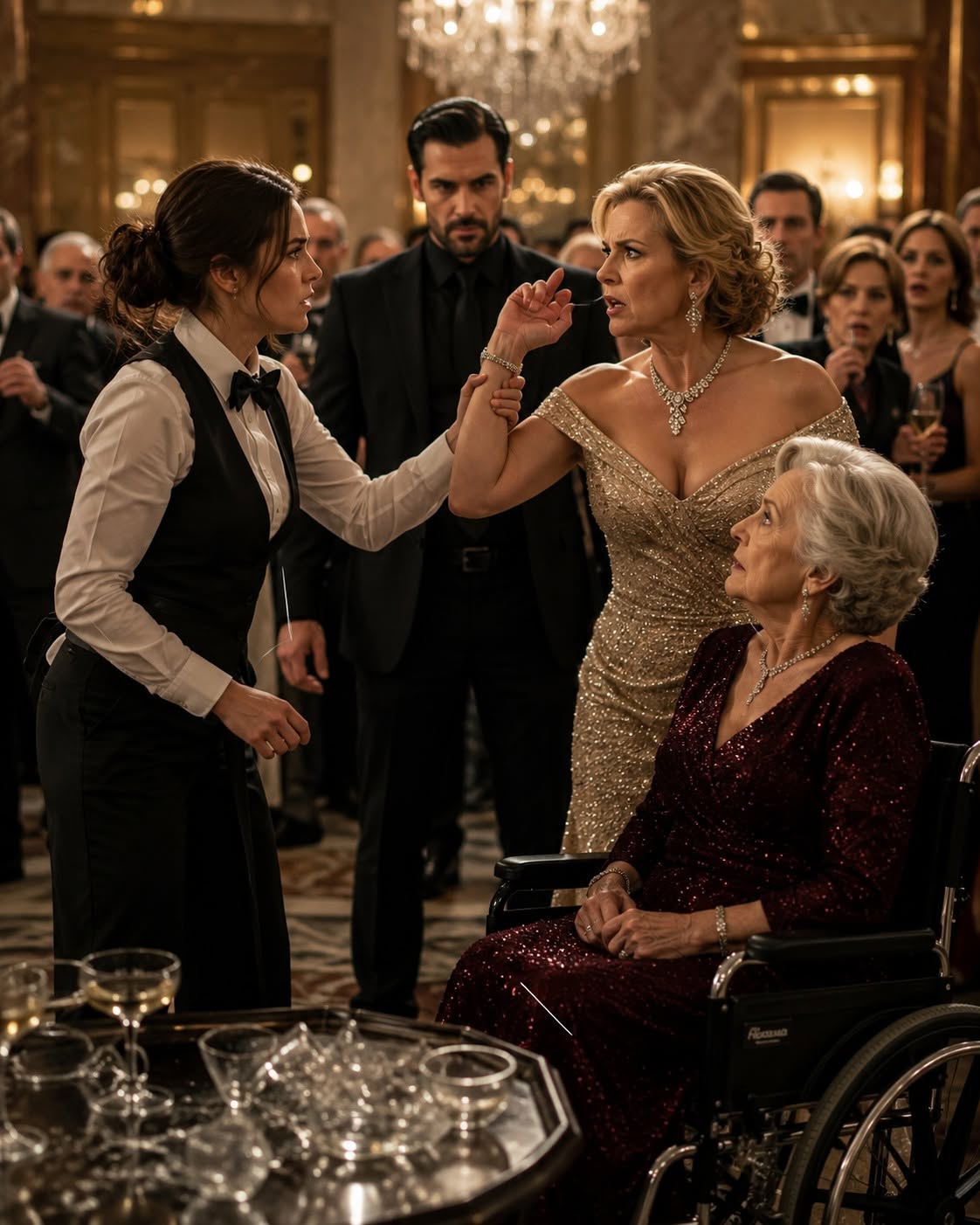 A powerful socialite raised her hand to slap an elderly woman in a wheelchair, and I stopped her in front of Chicago’s richest and most dangerous people. I thought I had only protected a helpless stranger—until I realized the woman was the mother of Dominic DeLuca, the city’s most feared man, and he had witnessed everything.